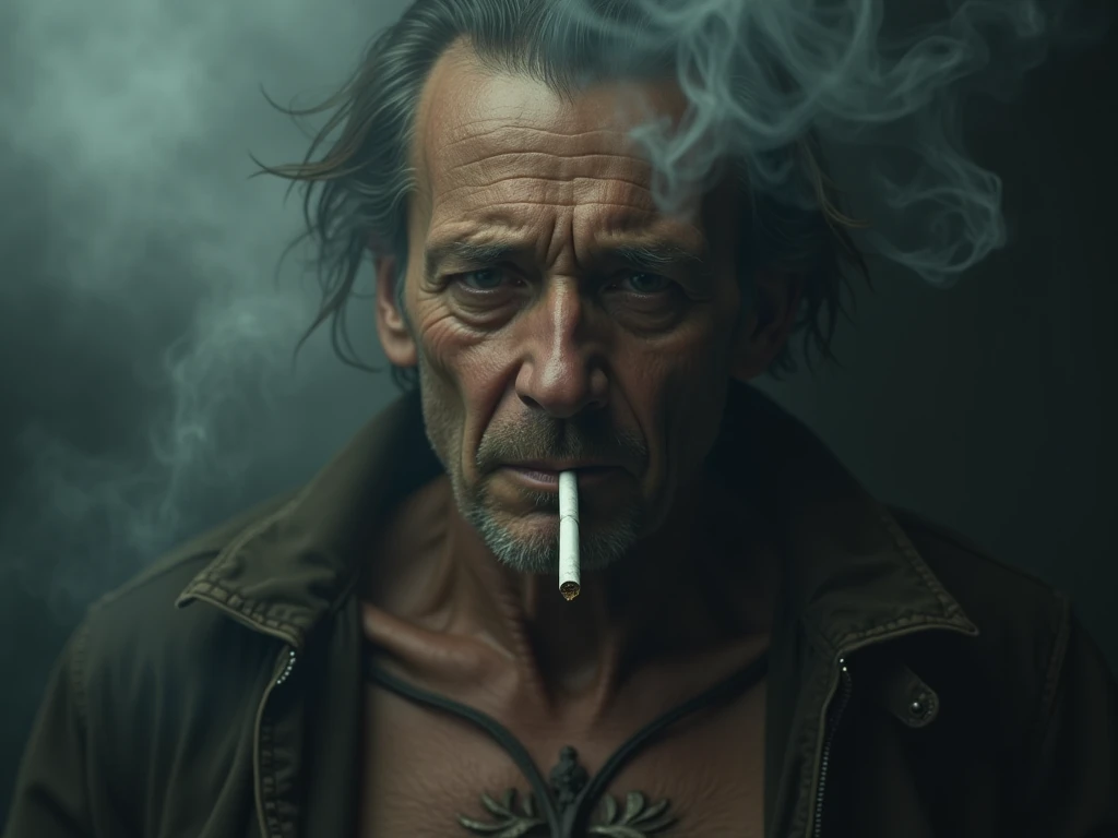 Medium shot of a grizzled European man with a weathered face and penetrating gaze, standing outside a bar at night, smoking a cigarette, wearing a well-worn leather jacket, emanating an air of toughness and experience, highly detailed facial features and clothing textures, cigarette smoke swirling in the cool evening breeze, the bar's vintage aesthetic illuminated by glowing neon signs, creating a striking contrast against the night sky, realistic smoke simulation, neon light effects, dramatic lighting, rich shadows, muted yet vibrant colors, cinematic focus, ultra HD resolution, by Nikolai Karelin.