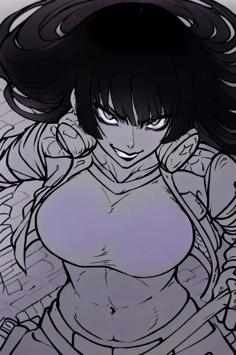 1woman,(solo),20s,mature female,medium breasts,(white background,line drawing),(naked),long hair,black hair, angry,open mouth,(fangs),looking up,from below,reaching out,profile
