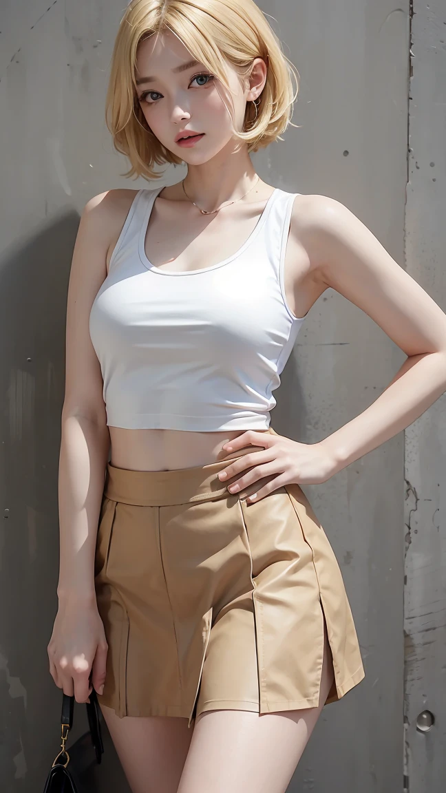 Masterpiece, best quality, super fine, 16k, medium hair, blonde color hair, A tank top and short skirt,