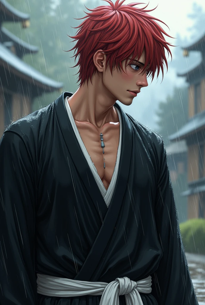 Kenshin Himura(Sword Sai)、Portraiture、Black Hair、samurai、Calm expression、Flowing red hair、A look of determination、Army Court、Soft Ambient Lighting、Bamboo forest background、X mark on face、X mark on left cheek、The x mark on the face is dark、The x mark on the face is large、37 years old、solo。