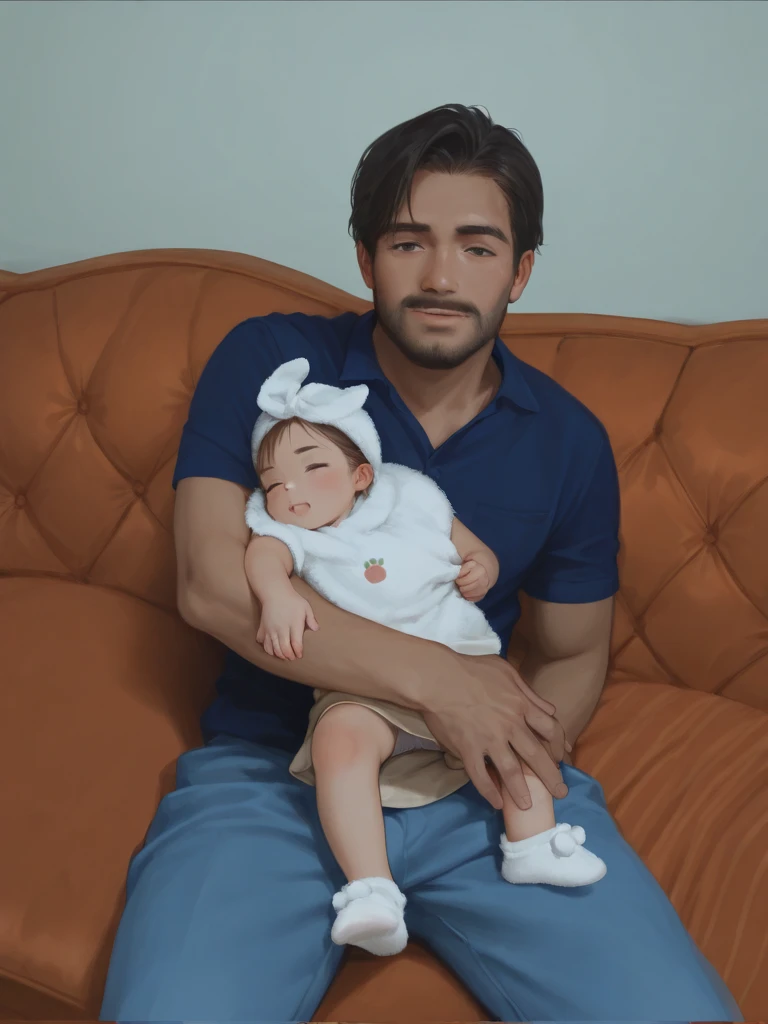 There is a man holding a baby in his arms, with a child, realistic animation style.