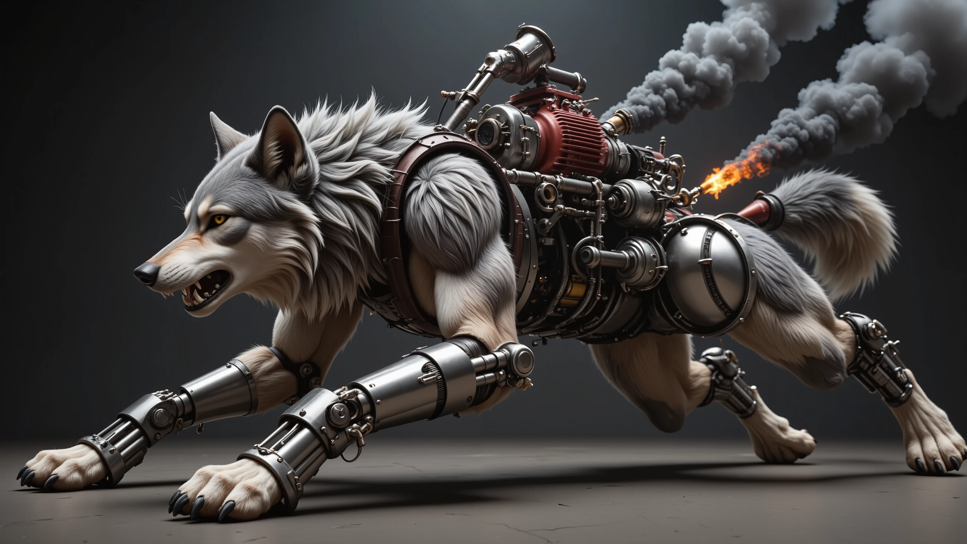 The image features a surreal fusion of a wild creature, combining the fierce head and front legs of a gas-powered running wolf with the robust back legs of a mechanical contraption. The wolf's fierce gaze is accentuated by the glint of metal, while its muscular front legs are poised in a dynamic stance, ready to spring into action. The rear is dominated by a bulky, four-stroke big leaf blower engine, intricately detailed with bolts and pipes, belching thick clouds of black diesel smoke. Flames erupt from the exhaust, casting an eerie glow that contrasts with the creature's wild essence. The composition is dramatic, framed against a darkened, moody background that highlights the mechanical elements and the raw power of the creature, invoking a sense of chaos and energy in a steampunk-inspired genre. The lighting is harsh, emphasising the smoke and flames, creating a striking visual tension between the organic and the mechanical. ray tracing, 16k, UHD, HDR, epic, photorealistic, cinematic, masterpiece, award-winning.