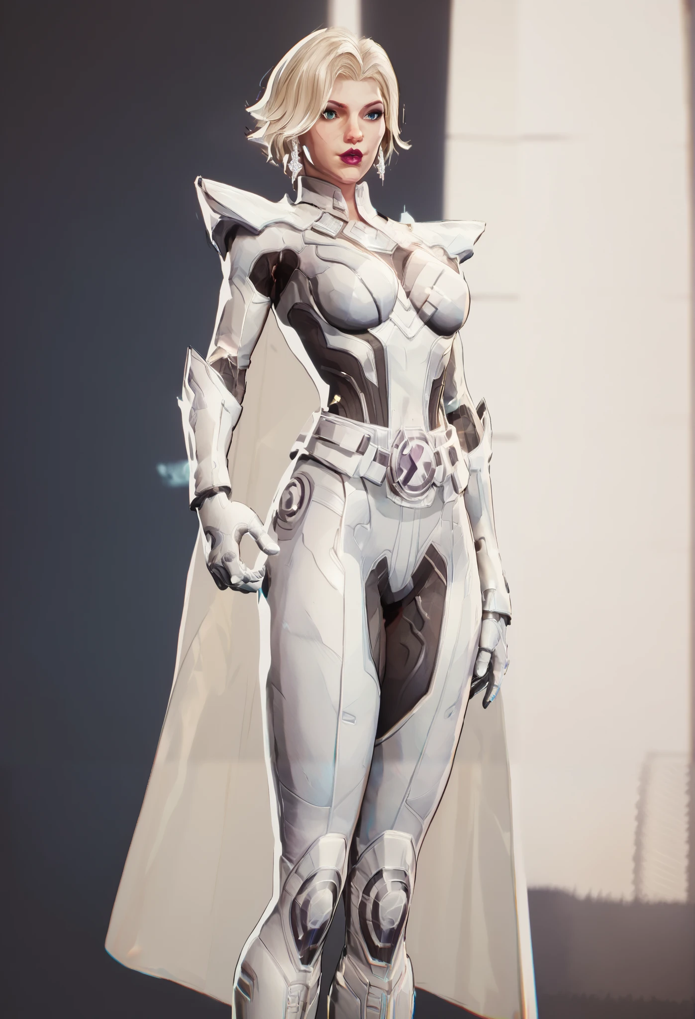 A 3D render of Emma Frost in a Marvel Rivals video game by NetEase Games. She has a sleek, form-fitting white costume with a high collar and a stylish cape. The costume has subtle metallic accents, giving it a futuristic vibe. Emma's gloves and knee-high boots have a textured finish. She wears her signature diamond-like accessories. Her hair is a striking platinum blonde, styled in soft waves. The background is a futuristic city with tall buildings.