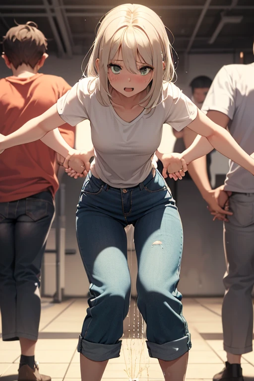 ((best quality, masterpiece:1.3, 8K)), (detailed), highly detailed face and skin texture, detailed eyes, downtown, full body, slender body, 2girls, 25 years old, white skin, bright lips, scared, worried, embarrassed, panicking, long hair, (forehead:1.0), jeans pants, flares jeans, blue jeans, peeing jeans, peeing pants, pee stain, (wetting herself:1.5, desperation:1.5),