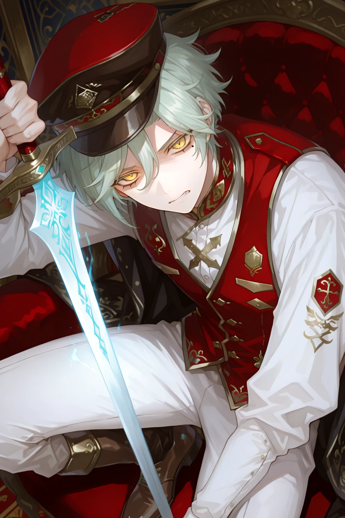 (masterpiece, best quality), amazing quality, very aesthetic, absurdres, highres, newest, HDR, 8K, looking at viewer, male focus, 1boy, solo, clenched teeth, disgust, head down, Jonah Clemence, Ikemen Revolution, mole under right eye, amber eyes, glowing eyes, light jade hair, handsome face, handsome, sexy man, male fantasy clothes, fantasy fashion, intricate fashion, cool, stylish, fashionable, army hat, army uniform, white shirt, red vest, white pants, brown footwear, holding sword,