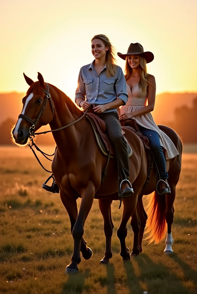 Two sweaty naked women sitting on a horse, in a field, walkin, morning, Gentle sunlight