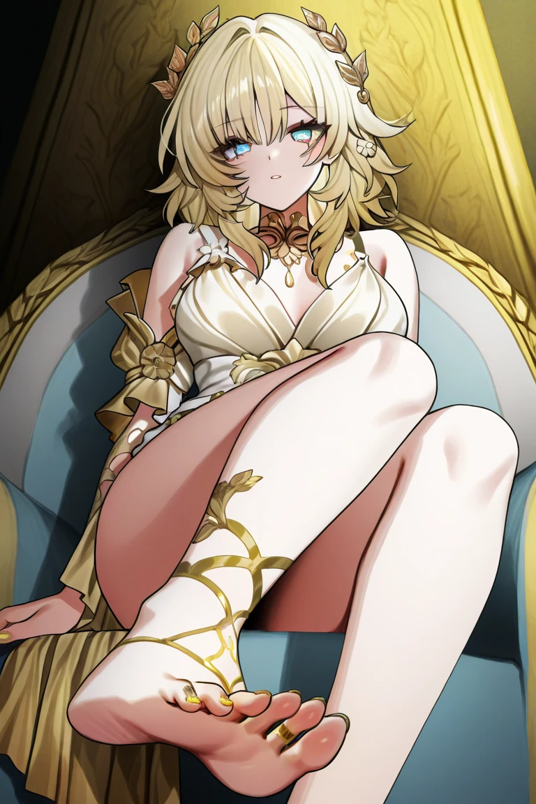 Score_9,score_8_up,score_7_up,1girl,solo, Artoria Lancer, mature woman, elegant body, blonde hair, green eyes, curvaceous, naked, crown,,big_breasts,looking_at_viewer,,thick thighs,slab sitting,