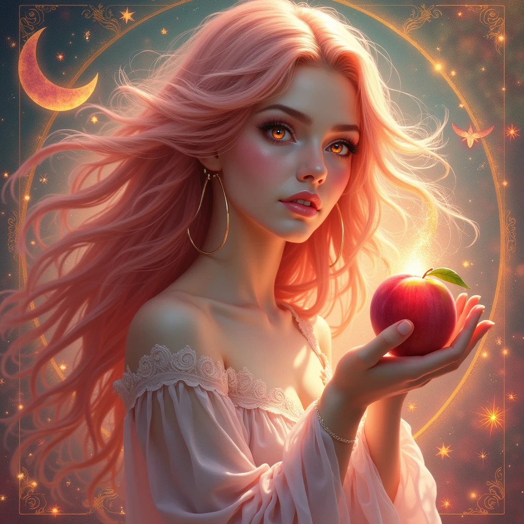 Contemplate this stunning digital work, where a translucent, crystallized red apple reveals a 20-year-old girl draped in luxurious gold jewelry. Her long blonde hair dances in the wind as she wears gold sandals with eight-inch heels, every inch adorned with dazzling diamonds. Immersed in a starry sky, it rests inside the apple, while around it stretches a picturesque rural town decorated for Easter. The combination of celestial and earthly elements creates a scene of stunning beauty, inviting you to explore every detail of this digital marvel.