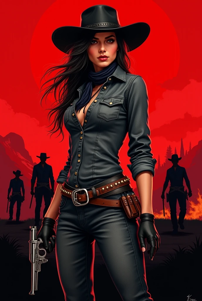 a picture of a female vampire cowboy in the desert night, a goth beauty, exquisite beautiful female vampire, ((anatomically correct: 1.5), (ultra detailed face: 1.2), best detailed face, red glowing eyes, full body, busty, wearing white bottom shirt, short skirt, dynamic color. wearing (Gambler Crease hat: 1.2), wearing high heeled boots, she has a gun in a holster, it is night time in the desert, moon light. moon rays, west America desert canyon background, Hyperrealism style, vibrant, Ultra-high resolution, High Contrast, (masterpiece:1.5), highest quality, Best aesthetics), best details, best quality, highres, ultra wide angle, 16k, [ultra detailed], masterpiece, best quality, (extremely detailed) RAW, chumbasket art style, rpg portrait photograph, magical sky