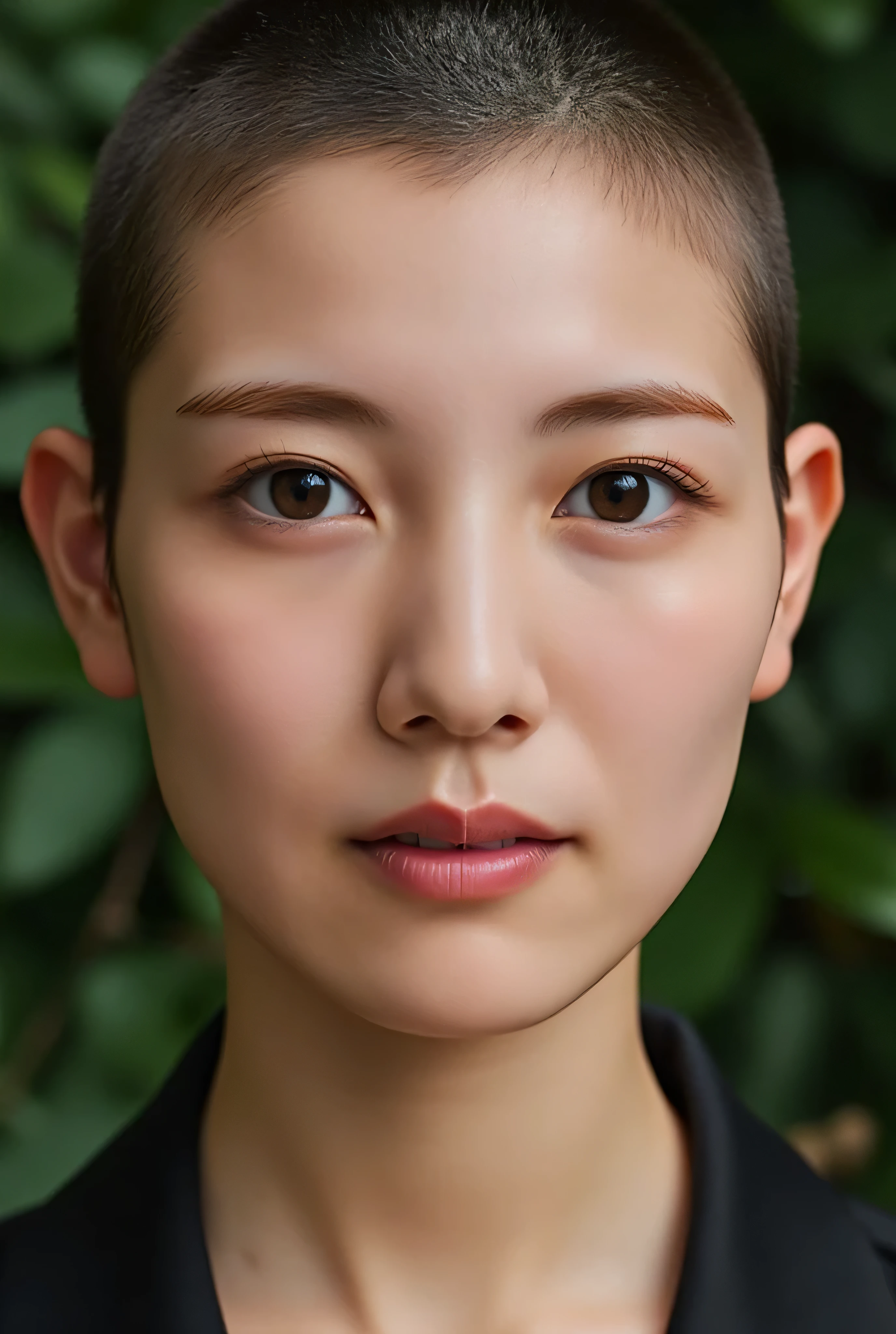 This image is a close-up portrait of a young woman, Shaved Head . She is staring directly at the camera with a serious expression 。.. The background is a tree々、it looks like a bushy park or garden .The face is evenly illuminated