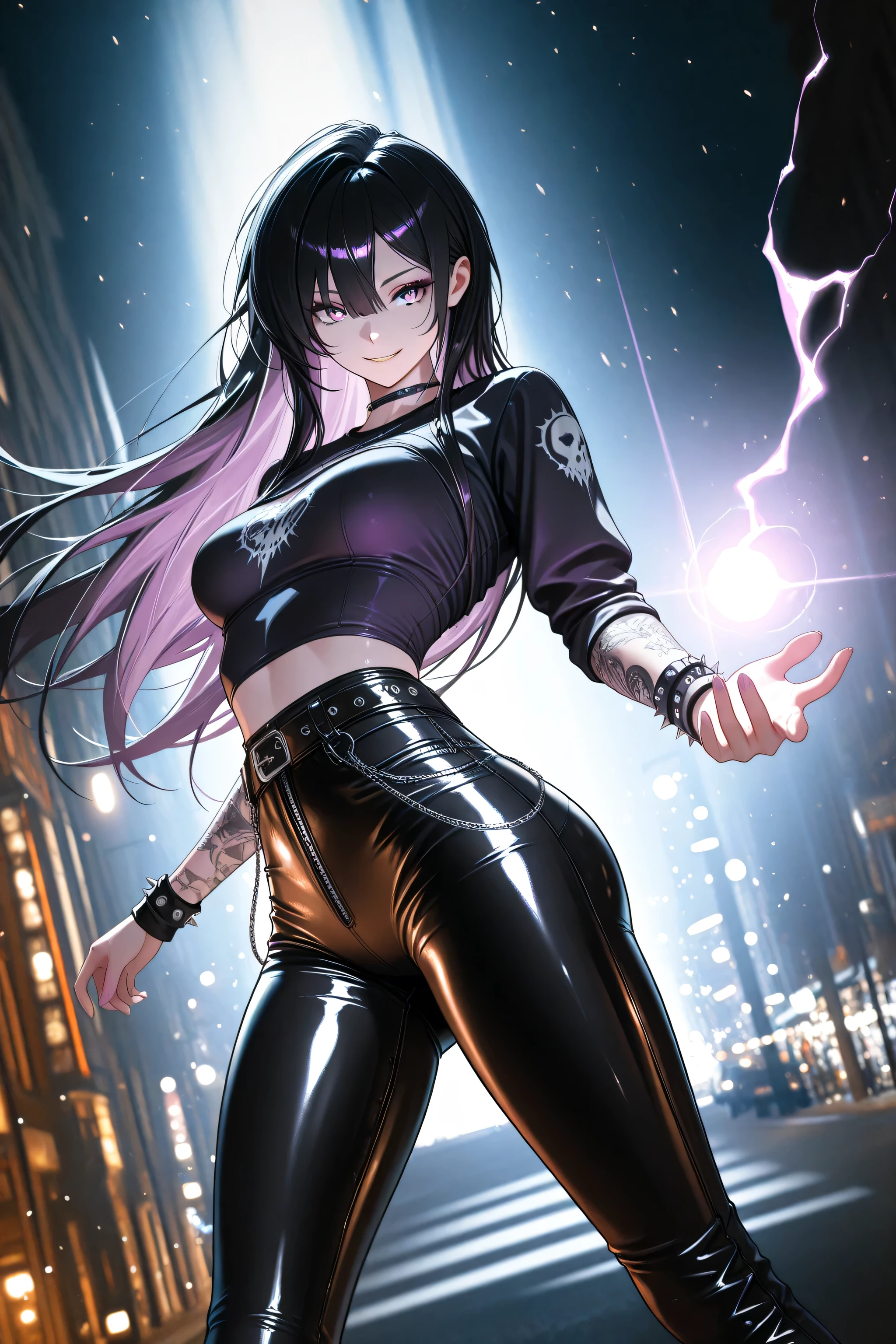 HDR, 8K, high contrast, masterpiece, best quality, amazing quality, very aesthetic, superabsu , BREAK 1 woman ,kind smile, (medium Breasts:0.9), Tattoo, (( punk style fashion))), sexy, sharp purple eyes , multicolored eyes , hair between eyes , long side bangs ,long hair, black hair with fine purple strands, slender, Tight Body, skinny, shirt, tight black leather pants, clear highlights , Perfect Eyes, dynamic pose, magic, fantasy, night, photorealistic, volumetric lighting, dappled light, light particles, dramatic shadows, cinematic lighting, photo background, depth of field,