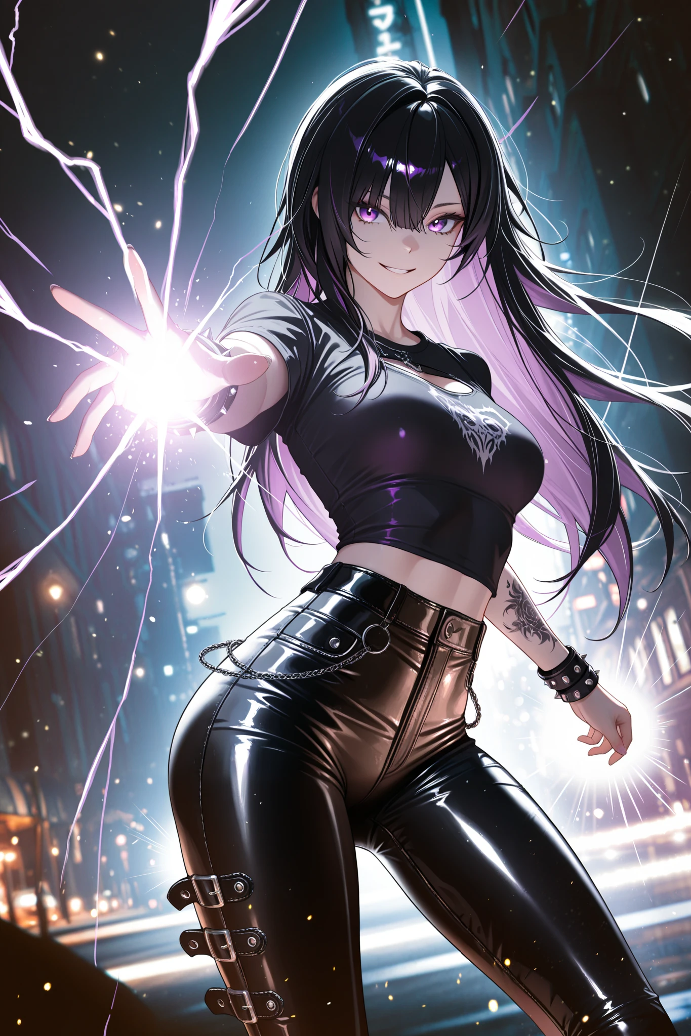 HDR, 8K, high contrast, masterpiece, best quality, amazing quality, very aesthetic, superabsu , BREAK 1 woman ,kind smile, (medium Breasts:0.9), Tattoo, (( punk style fashion))), sexy, sharp purple eyes , multicolored eyes , hair between eyes , long side bangs ,long hair, black hair with fine purple strands, slender, Tight Body, skinny, shirt, tight black leather pants, clear highlights , Perfect Eyes, dynamic pose, magic, fantasy, night, photorealistic, volumetric lighting, dappled light, light particles, dramatic shadows, cinematic lighting, photo background, depth of field,