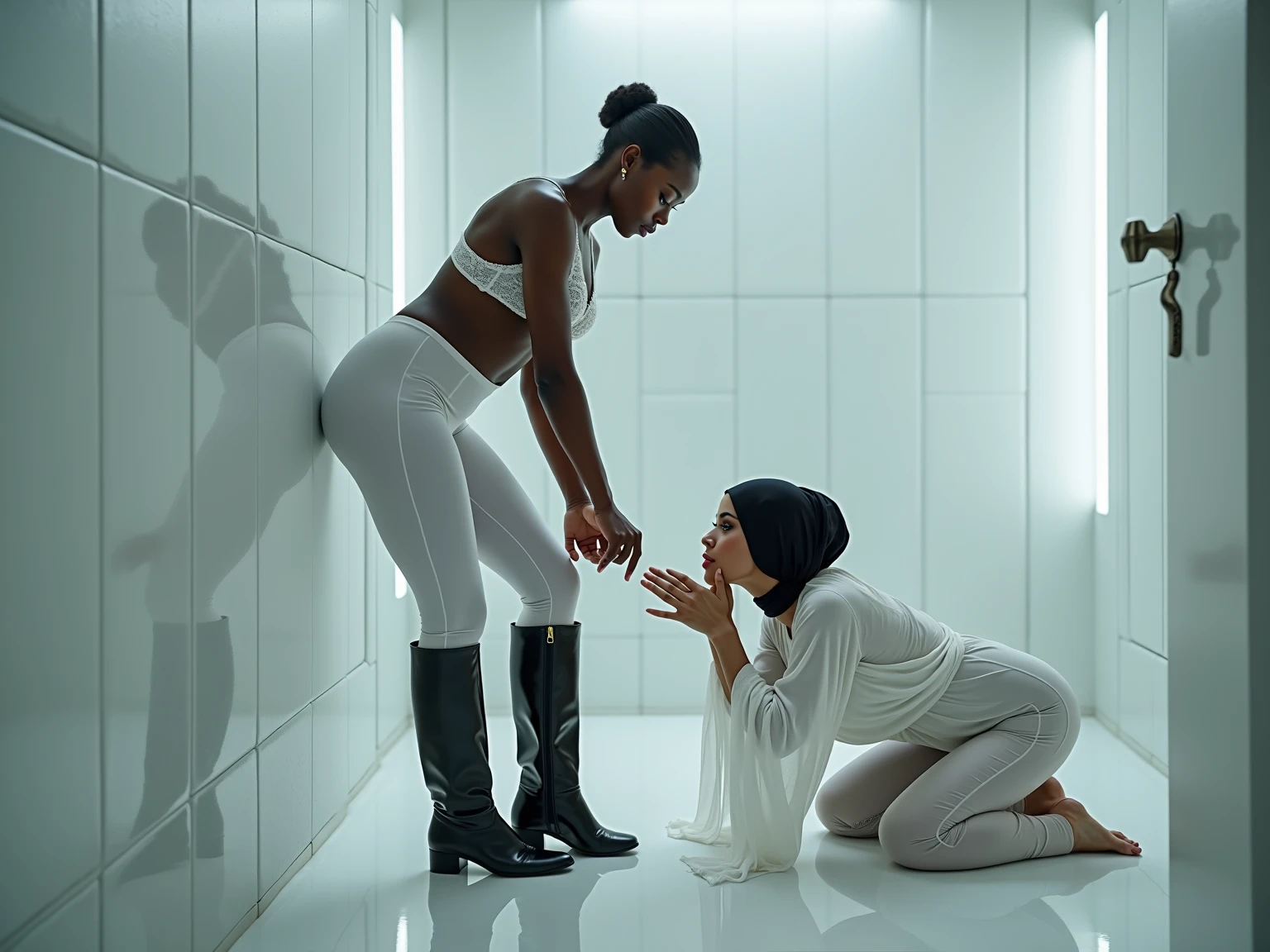 a androgynous nigerian female wearing a tight glossy office satin suit with satin blazer and breasts-contouring satin blouse, she stretches her legs, wearing glossy leather leggings, her girlfriend licks her latex heels