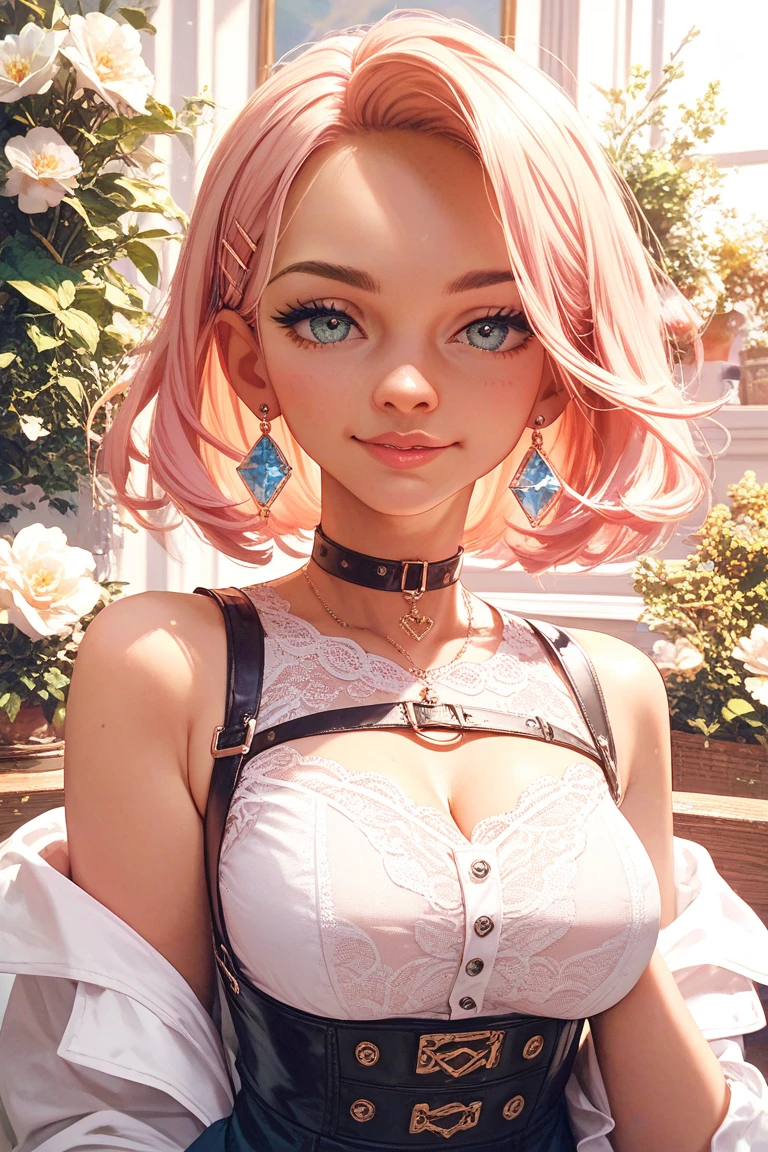 beatiful women, eyes blue, expressive eyes, looking at viewer, long sleeves, necklace, sexi smile, short pink hair, pretty face, latina facial features, medium breasts, digital illustration, comic style