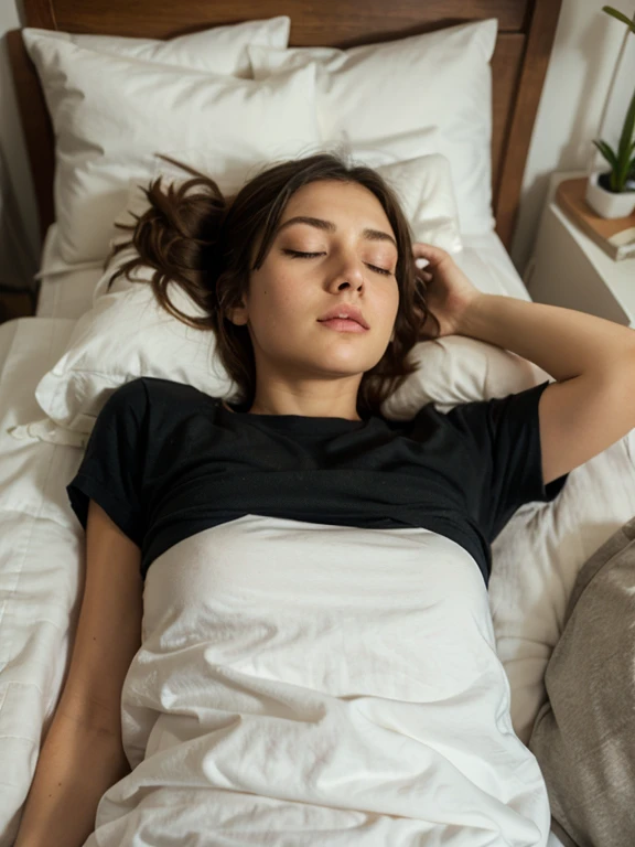 A woman in bed at night suddenly awake