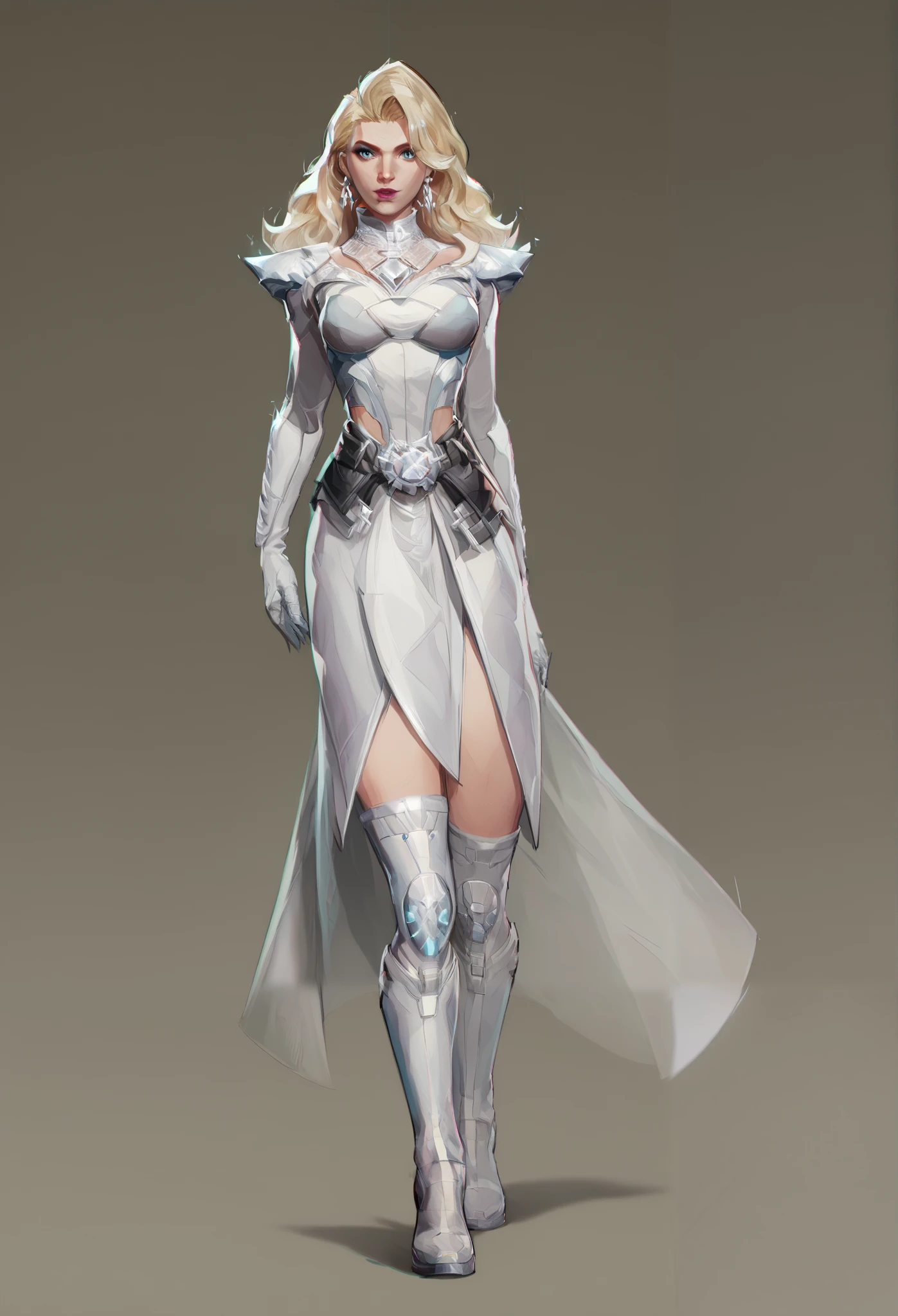 In a Marvel Rivals video game by NetEase Games, Emma Frost's appearance might be an edgy blend of her classic and modern looks. She could wear a sleek, form-fitting white costume that emphasizes her figure, complete with a high collar and a stylish cape flowing behind her. Her outfit might feature subtle metallic accents, giving it a futuristic vibe, while her gloves and knee-high boots could have a textured finish for added detail. Emma’s signature diamond-like accessories could be incorporated, possibly enhancing her costume with shimmering effects. Her hair could be a striking platinum blonde, styled in soft waves, framing her face and adding to her fierce persona. The overall aesthetic would be both elegant and powerful, reflecting her strong character and psychic abilities. Full body view.