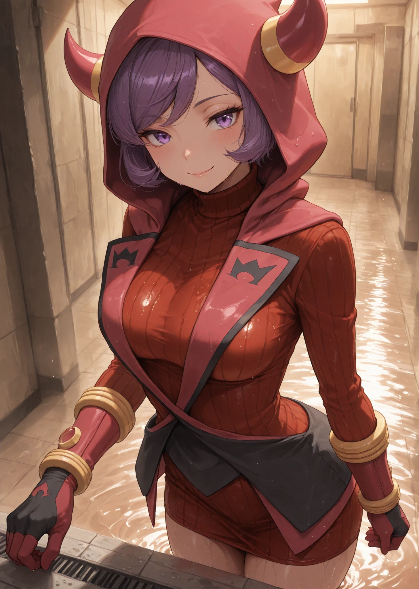 Masterpiece, best quality, absurdres, 1girl, contrapposto, paw pose, menat_holiday, light smile, dark skin, Green eyes, egyptian, bob cut, red dress, black hood, black gloves, tail, bell, bare shoulders, bedroom, <lora:menat:1>