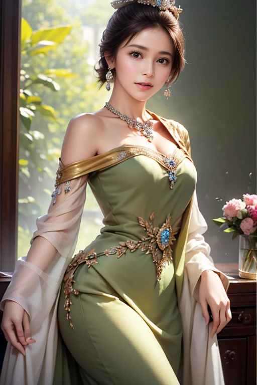 detailed skin texture, detailed cloth texture, beautifully detailed face, masterpiece, best quality, ultra detailed, 8k, intricate details, best quality, 1girl, bangs, bare_shoulders, black_hair, ancient china background, big breasts, thin, cape, cleavage, collarbone, green dress with patterns, gloves, hair_bun, hair_ornament, hair_stick, jewelry, one mole under eye, necklace, smile, solo, thighhighs, <lora:punishingGreyRaven_V20:0.5>, <lora:hipoly3DModelLora_v10:0.5>,  (hiqcgbody:0.5), (hiqcgface:0.5),  , full-body shot,  <lora:fashionGirl_v45:0.5>  <lora:yesmix_v15:1>
