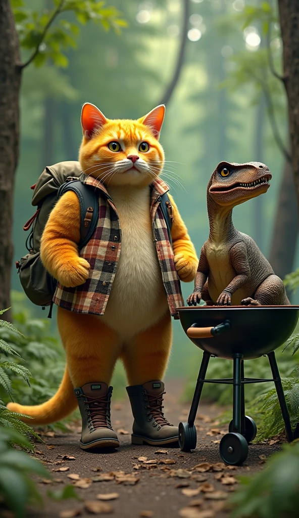 fat tall yellow cat wearing camping outfit in the forest and trex dinosaur lying on the barbecue
very realistic