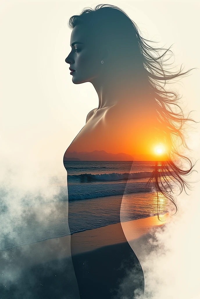 high quality, 8K Ultra HD, A beautiful double exposure that combines an goddess silhouette with sunset coast, sunset coast should serve as the underlying backdrop, with its details incorporated into the goddess , crisp lines, The background is monochrome, sharp focus, double exposure, by yukisakura, awesome full color,