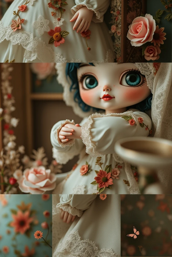 Very baby blue hatand blue curly hair girl
With a very smiling and happy lip
With an old basket with a white rabbit in it
With a white princess dress and
A pearl necklace with a red rose
inside the bed
3D style