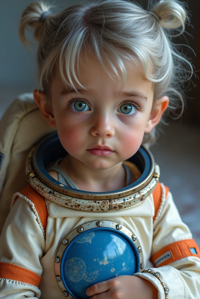 em frente a uma luz azul, BEAUTIFUL RUSSIAN GIRL CHILD BLONDE HAIR , olhos brilhantes, olhos perfeitos, 10 anos. numa superficie lunar, com roupa de astronauta