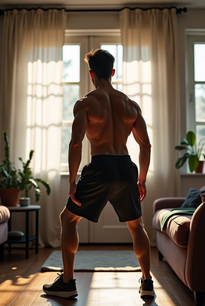 Black-skinned martial artist walks into his home. He comes from training, therefore, your sportswear. I want the image to be captured from the living room table when he opens the door and enters.. Curiously, at that same table, There is a diary