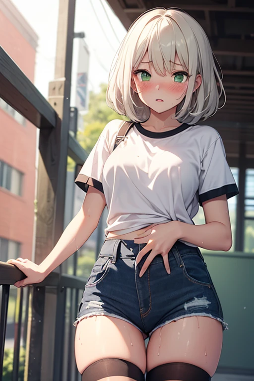 golf uniform, shorts, absurdres, RAW photo, extremely delicate and beautiful, masterpiece, Best Quality, ultra high resolution, 32k, hyperrealistic, ultra-detailed, detailed description, pale skin, 20 years old, tearful mole, earring, big tits, short medium hair, wavy hair, whole body shot,