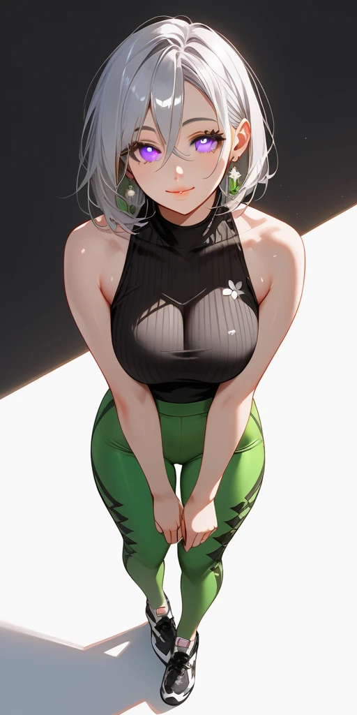 ((work of art,best qualityer)), high resolution, cute, eyelash, trunk, ssmile, leaning forward, finger on lips, 1 girl, standing alone, shorth hair, breastsout, gazing at viewer, naughty smile, hair green, White tank top, breastsout grandes, black pantyhouse, muslos grandes