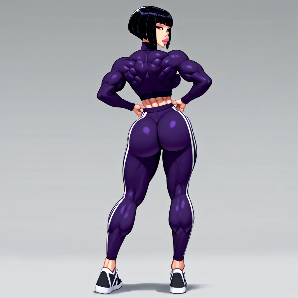 1girl,squatting,legs spread apart, front view, bike shorts, sports bra, sprite sheet, consistency, looking at viewer, lineart, monochrome, muscular abs girl, (thin waist), ((curvy)), ((wide hips)), short black hair, sexy, muscular thighs, full body