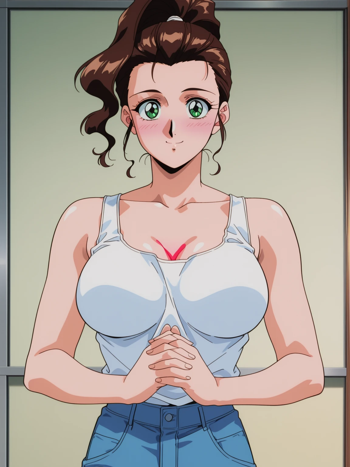 masterpiece, highest quality, High resolution, One girl, solo, sexual intercourse, Pornographic images, short hair, etsukoto, brown Eyes, fine grain, fine grain, (((Thick thighs, Plump thighs, Voluptuous thighs, Thighs alone are enough))), Huge and ample breasts, Cleavage, big long breasts, Naughty big,((big breasts are important))、((Naughty thighs)), L Cup, (thin:1.4),(Tight waist:1.4), (yellow micro dress:1.4), ((white waist apron)), smile, open mouth, blush, white panties, (((Simple Background))), ((Wide Hips)), Shiny, Oily skin, Mature mother, Calf, Seductive mature woman, milf, Perfect body, Plus Size Model, curvy, ample, etsukoto, blush, clavicle, retro artstyle, 1990s (style), (thick thighs:1.4), lying, side on,