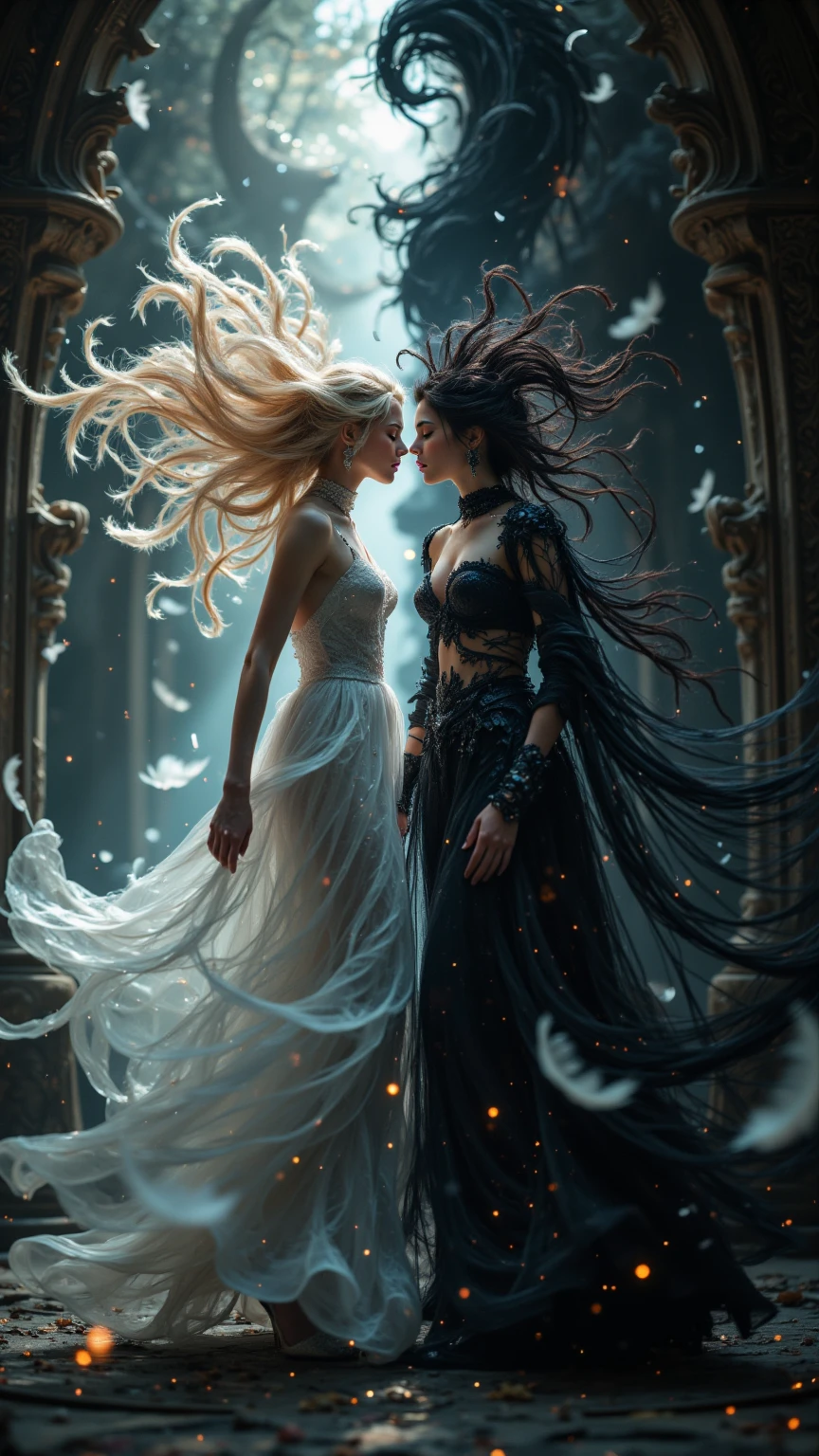an undead girl and a werewolf in a romantic attitude as they are about to kiss, above them a demonic cupid