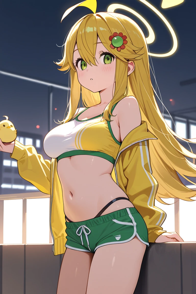 Original character, volume lighting, best shadows, shallow depth of field, amazingly beautiful portrait of a girl, delicate and beautiful attractive face with petite and seductive yellow eyes, messily painted face, sharp eyebrows, sad smile, fangs out, beautiful big, layered long twin-tailed blonde, blush eyeshadow, dark eyelashes, micro bikini, slim waist, Graffiti alley, trash cans, outside stairs, outdoor unit, holding bananas, sitting crotch open, M-shaped legs, angle looking up from the front, (top quality, great detail: 1.25), (solo: 1.3), vivid colorful painting