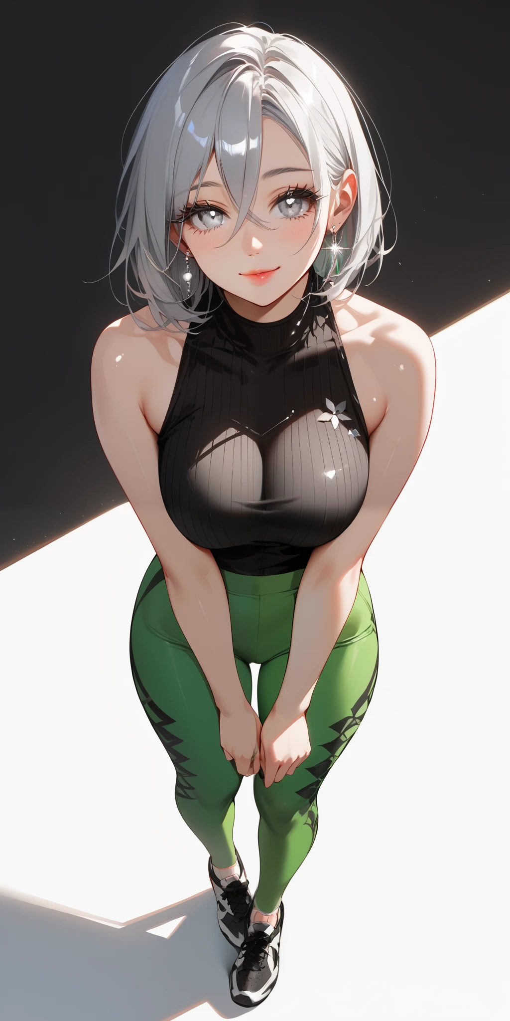 (full body), BREAK 1 Japanese girl, 18yo, ((shiny silver hair)), bob cut, bang between eyes, beautiful hair), ((silver eyes:1.5)), (beautiful eyes, twinkle eyes), (athlete body, large breasts), cute face, beautiful face, pretty face, beautiful, good anatomy, long eyelashes, expressive eyes, Perfect Hands, happy, smile, glossy lips, (close mouth:1.2), perfecteyes, BREAK 1girl, (black theme:1.4), (sleeveless black hoodie:1.4), ((bare shoulder, bare arms):1.3),
BREAK (deep-green leggings pants with (intricate black calligraphy patterns:1.4)), (earrings:1.2), (sports shoes:1.1), BREAK soft lighting, score_9, score_8_up, score_7_up, score_6_up, score_5_up,score_4_up,