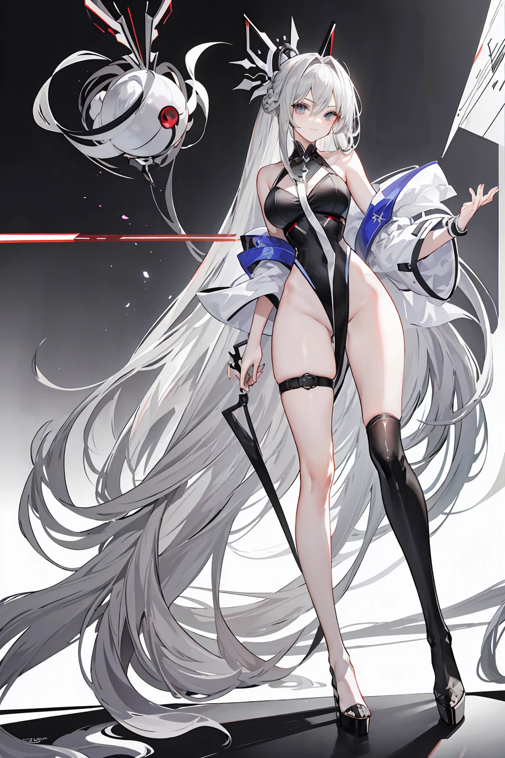 (Masterpiece: 1.6, Best Quality), (Fine and Beautiful Eyes: 1.2), (Overhead), High Quality, Beautiful Face, 1girl, Wide Shot, White Crop Top, Leather Shorts, Oversized Leather Jacket, Open Shoulders, Silver Hair, Big Tits, Long Hair, Wide Hips, (Sideways), Street, Background, Detail Background, Spooky Grin, Angled Laughter at the Corners of Mouth,