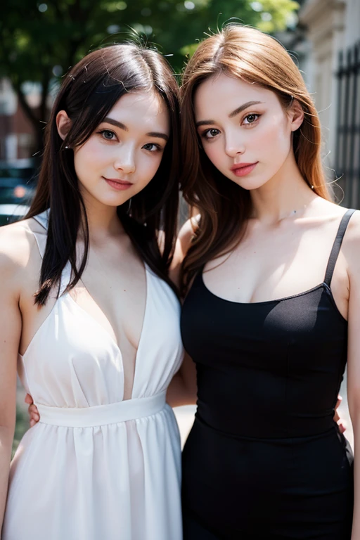 best quality, white skin, real human skin, (detailed face), oval face, pores, ultra high res, (8k, RAW photo, photorealistic:1.4), BREAK, twins, two girls, cheek to cheek, slim, (large-breast:1.37, cleavage), (looking straight at viewer with a serene and goddess-like happiness:1.2, light smile:1.15, happy, :1.15, stylish model posing:1.3, standing:1.37, arms behind back:1.37), (lifter gloss, eyelashes, gloss-face, best quality, ultra highres, Broad lighting, natural shading), lovely look, shiny-blonde twin-tails hair:1.37, (detailed black gothic dress:1.3, gothic Lolita fashion:1.37, lace, frill), cityscape, fashion street venue, burry background, bokeh, depth of field, (cowboy shot:1.3), centered image, perfect anatomy, perfect proportion,