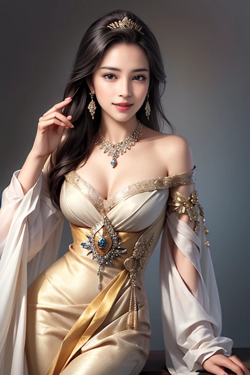 4K ultra hd, masterpiece, a cute girl, good face, detailed eyes, liquid lipstick, long hair, spreading hair, necklace, beautiful dress, long dress, marriage dress, golden color, high lights, light effects, shining, realistic background, nature background, flower, mountains, whole body capture,