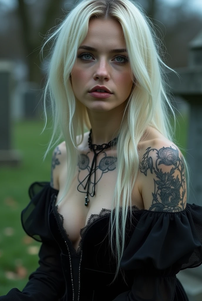 Cinematic film still, 1girl, new gothic gal, tattooed, crocheted, 25yo, pale skin, innocent smile, ((lips pierced)), latex corset, ((detailed face)), (detailed skin), moist, intricate details, shallow depth of field, background creepy victorian age cemetery [volumetric fog], cinematic lighting, reflections, photographed on a Canon EOS R5, 50mm lens, F/2.8, HDR, 8k resolution, full body, aged down, blond, blue eyes