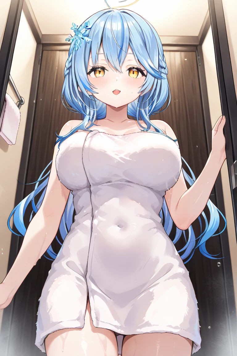 highest quality,whole body,,Very big breasts,body covered with towel,A shy expression,light blue hair,long hair,Girl wearing nothing but a towel,white extra long towel