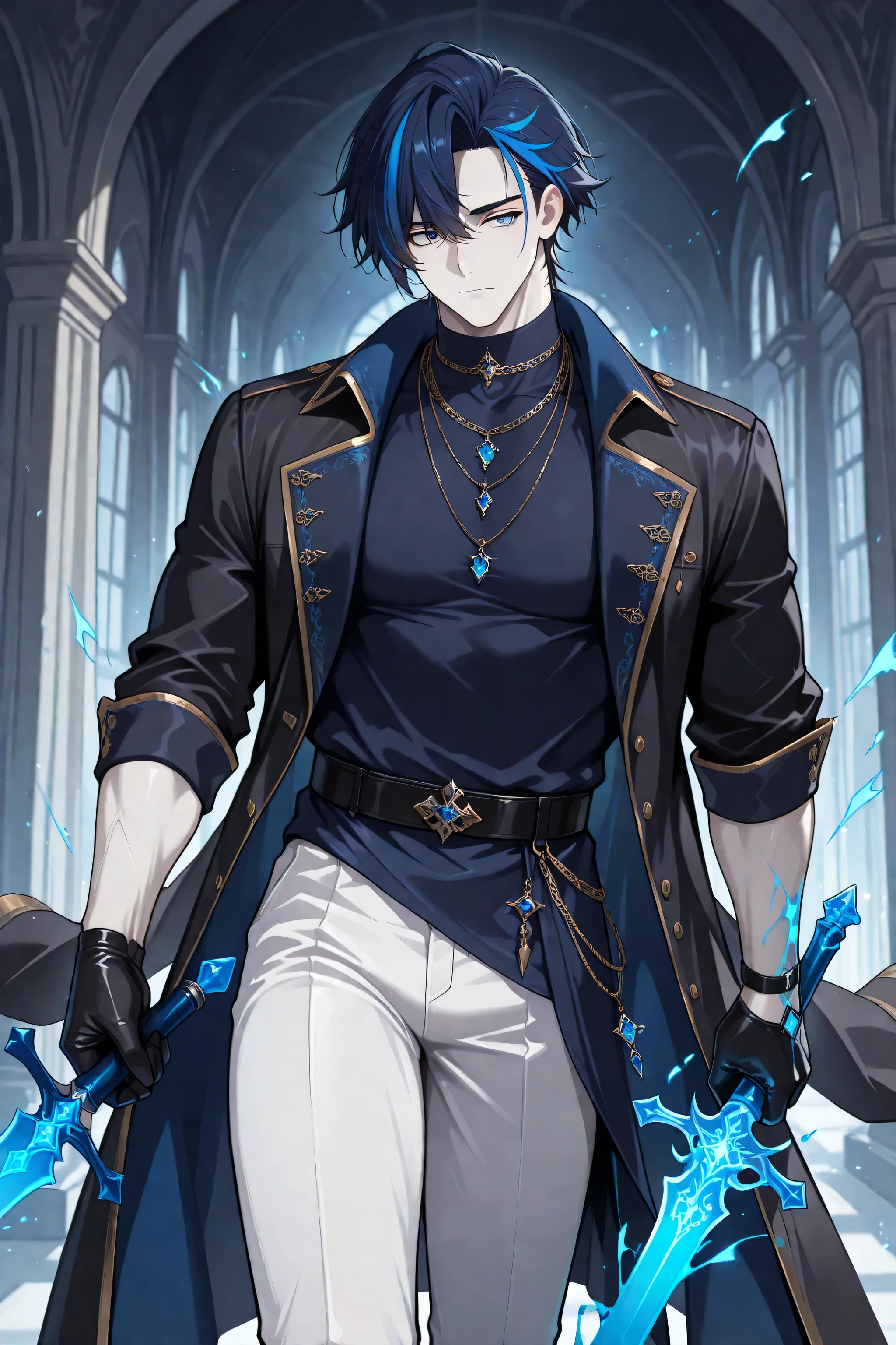 1 man, solo, male focus, (streaked hair:1.5), dark blue hair, blue hair, short hair, blue eyes, necklaces, muscular, sexy man, handsome, solo, mature, handsome, sexy man, sensual, pale skin, lean, muscular, cool, black gloves, Male Fantasy Clothes, black coat, white pants, cool, high fashion, closed mouth, holding sword, glowing blue blood sword, energy, depth of field, cinematic, masterpiece, best quality, very aesthetic, absurdres, newest, dynamic pose