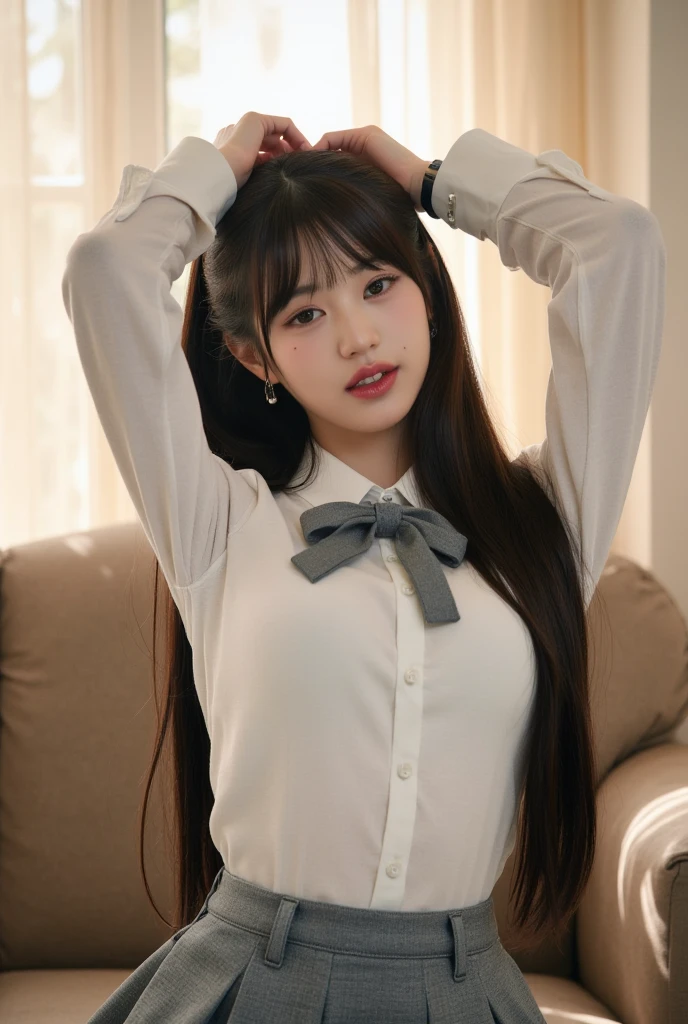 low angles, girl, Solo, (Looking at Viewer:0.9), Best Quality, Ultra-detailed, High resolution, (Photorealistic, Realistic, Photorealsitic:1.2), 18year old, Bangs, (Smile:0.3), (thighs thighs thighs thighs:1.2), Panchira, Part of the white pants are hidden by the plated skirt, in a school, School uniform, lowfers, White neckerchief, Long sleeves, Cosplay, knee high, ((checked skirt)), Bangs, Realistic, pantyshot, Long hair, Sitting, , Black hair, Pleated skirt, Low leg panties, (White panties), School_uniform,School_uniform