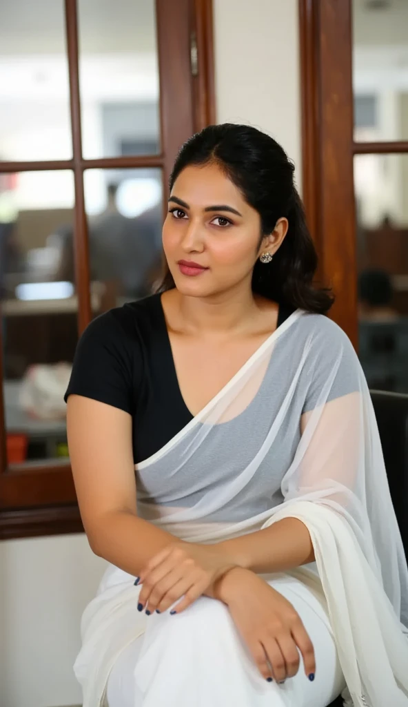 One cute 30 year old beautiful curvy well shaped indian women wearing south indian traditional white saree and black designer blouse,sitting and helping people in an indian bank, lot of old people standing infront of her, she is in very happy romantic mood,beautiful face and smile looking at viewer, 8k HD cinematic full size photo,realistic picture, beautiful face, celebrity face, no nudity, side view, full lenth photo, romantic mood, 