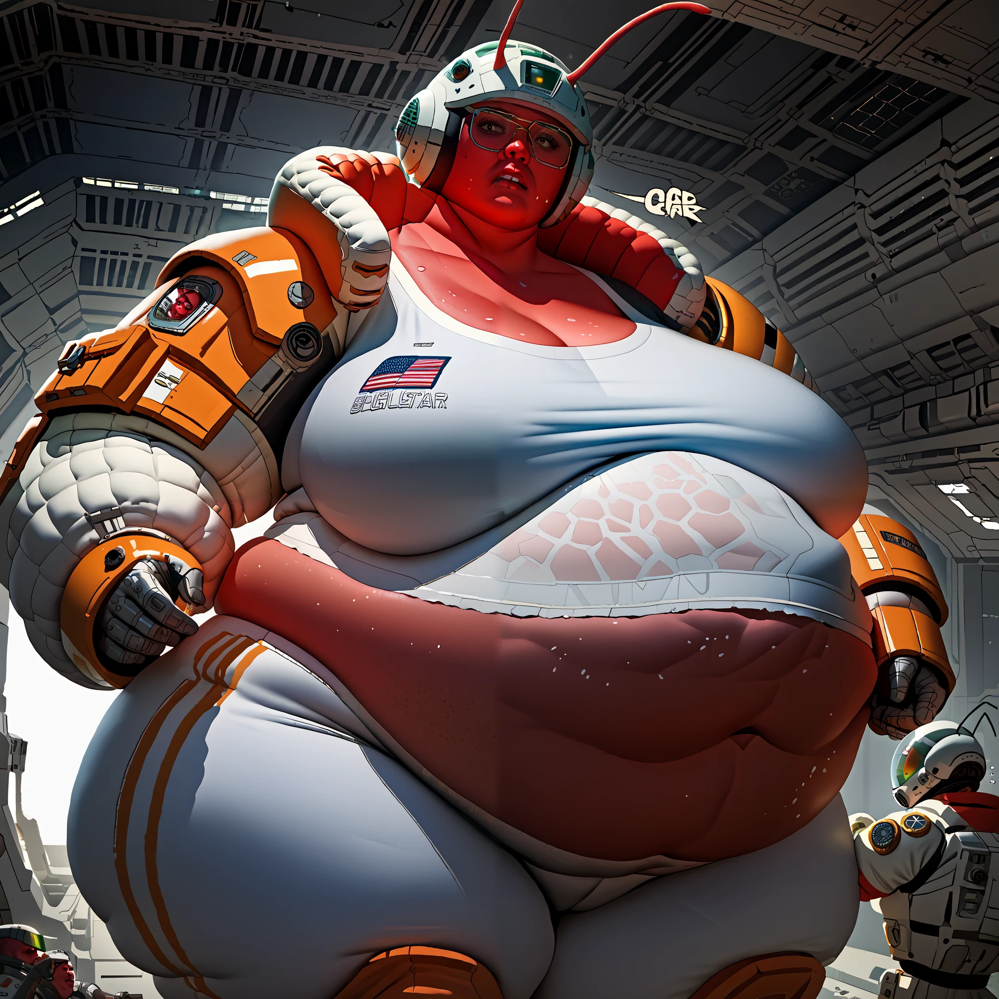 
score_9, score_8_up, score_7_up, giant war like creation, woman a chubby belly, before Vore: Red skinned alien BBW female with an intimidating helmet over her face. She has two antennas coming out of her helmet. She is wearing a space suit that exposes her massive midriff, with massive plates of armor. She is wearing glasses with ruby-quartz lenses over her eyes. She has no personality. Her belly is massive and budging with a person inside. She is standing looking at viewer with a hunger empty extretion on her face. She is the pinical of organic and robotic technology. ((Cold massive calculating weapon)) ((she is holding a giant tank like space blaster)) 