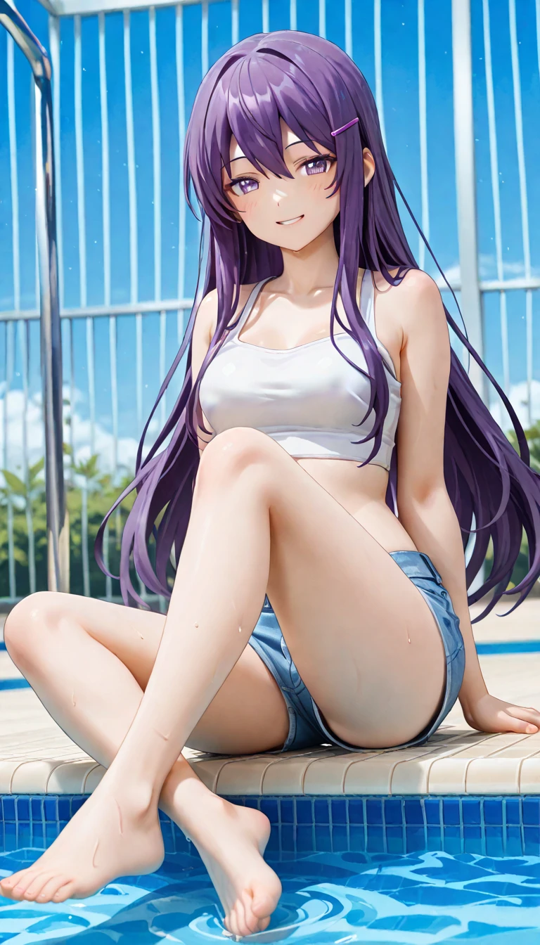 masterpiece, best quality, highly quality ,Aya-Natsume-KJ, very long hair, sky, day, pants, cloud, underboob, from below, denim, jeans, unzipped, purple bikini, open fly , (photorealistic:1.2) , ahoge