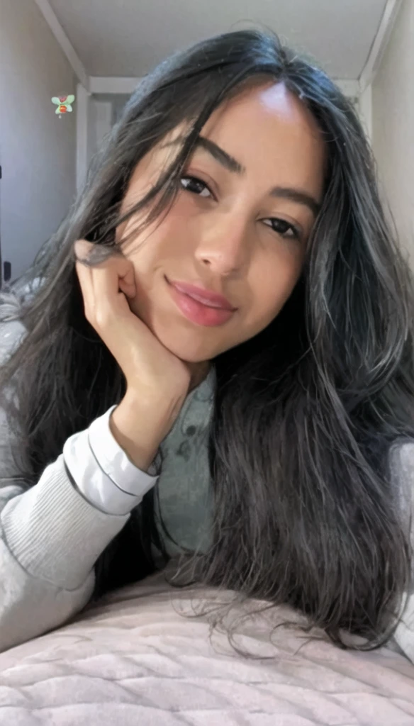 A 23-year-old black hair woman, ((pechos grandes)), ((hiperrealismo)) ,. black hair with light brown roots. cabello rubio, Hair with brown roots, cabello extra largo, cabello muy largo, really long hair, Beautiful, Front view, selfie, photo taken with passport camera, elegant pink sweater, lip gloss, HD photo, high quality, HD, huge breasts, shy smile, ultraHD