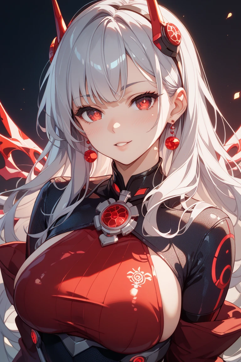 a beautiful anime-style girl with short gray/white hair, open mouth, red eyes, extremely detailed face and features, extremely detailed chest, multiple accessories, multiple angles, high quality character design, (best quality,4K,8k,highres,masterpiece:1.2),ultra-detailed,(realistic,photorealistic,photo-realistic:1.37),cinematic lighting,vibrant colors,dramatic composition red eyes, Side Up, Character Design画, Setting diagram, Setting diagram, Character portrait, Character Design, anime, anime風, Illustration,