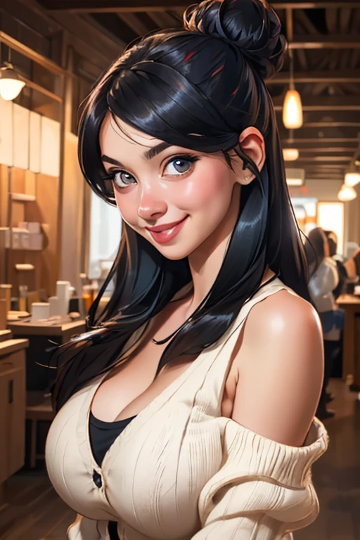 rating_safe, score_8_up, score_7_up, 1girl, solo, pale skin, medium breasts, cute perfect face, ???-like proportions, big heads and big eyes, tiny limbs, thin body, ((black hime haircut, blunt bangs)), attractive young skinny innocent asian-babygirl sitting at a cafe table, in front of POV, (tight belly-free tank top), elbows resting on table, chin resting on hands, looking at viewer, cleavage, amazing asian eyes, inviting smile, lip gloss, inside simplistic blurry cafe background, brightly lit, choker