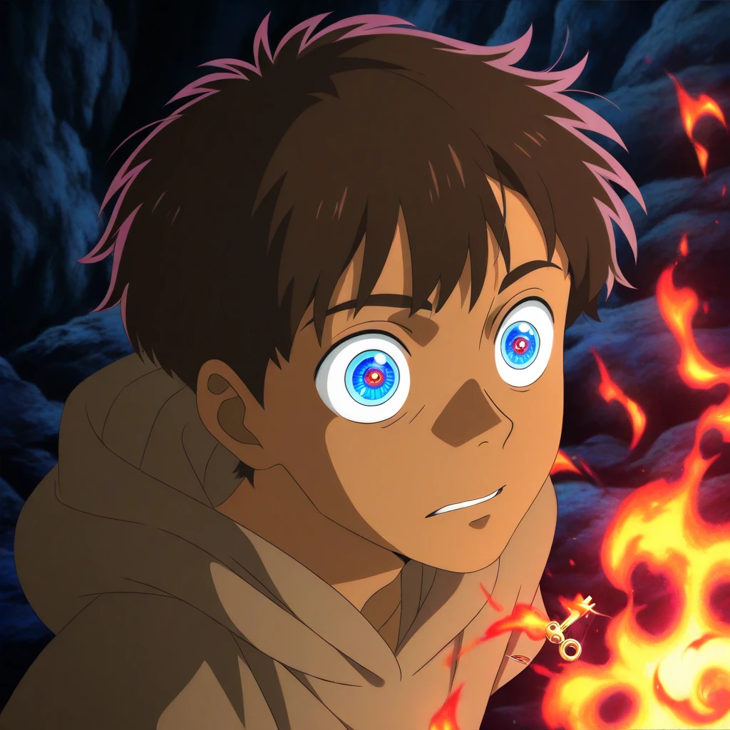 Cartoon style, crying little boy wearing a red hoody jailed in a very dark environment near fire and lava, hell, monsters
