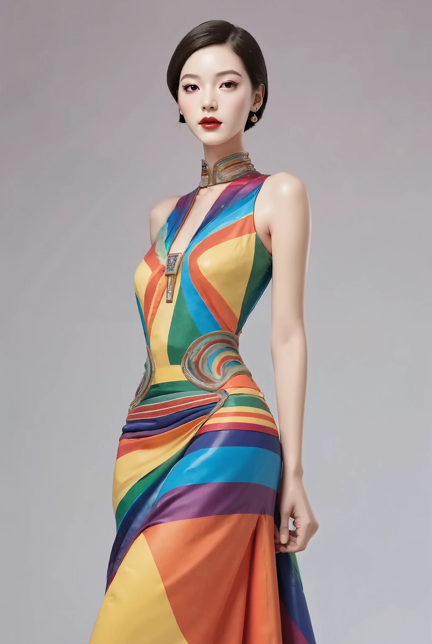 art deco design,fashion clothing,streamline moderne,Rainbow metallic thread,perfect details,exquisite craftsmanship,twist,rotate,prosody,flight,Complex and gorgeous、bright colors、full of imagination、artistic。