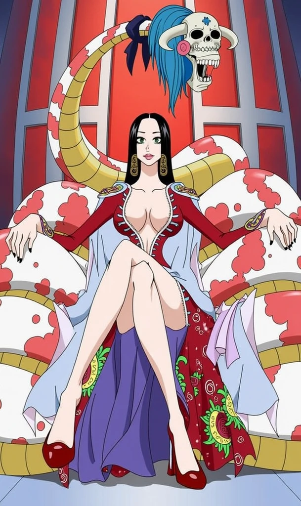 anime,boa Hancock wearing a red blouse, straw hat and snake shaped earrings, blue eyes, curly hair, big chest, red lipstick